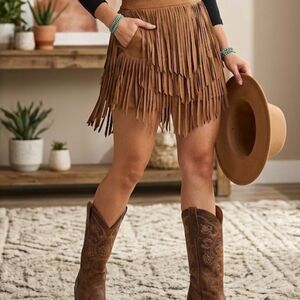 Jolt Tan Fringe Mini Skirt